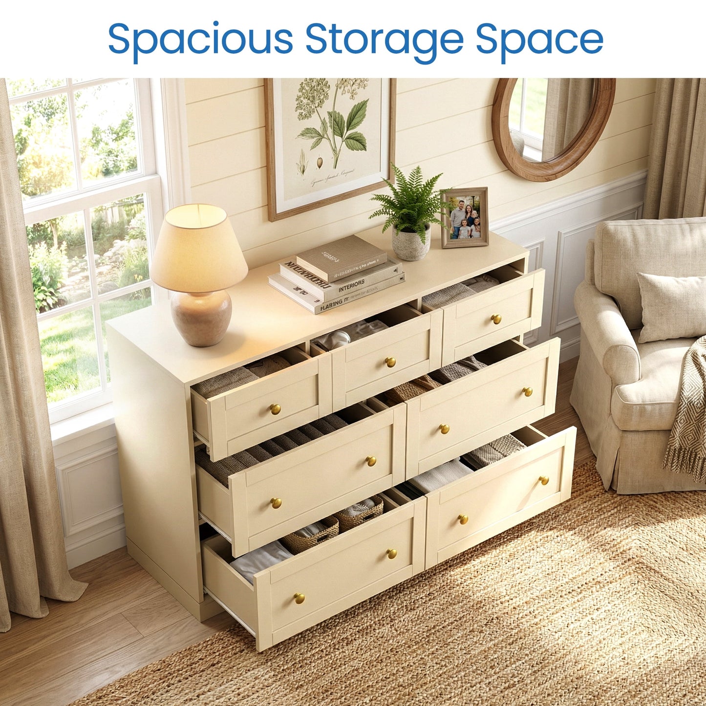 May in Color Dresser for Bedroom with 7 Drawers, Wood Drawer Organizer for Bedroom, Living Room, Hallway, Beige