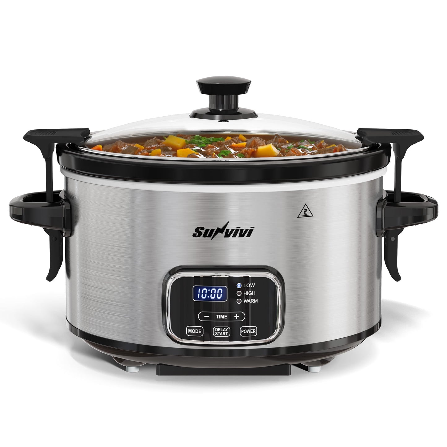 Sunvivi 4QT Programmable Slow Cooker with Locking Lid, Removable Ceramic Pot, 3 Heating Settings & Timer, Stainless Steel, Silver