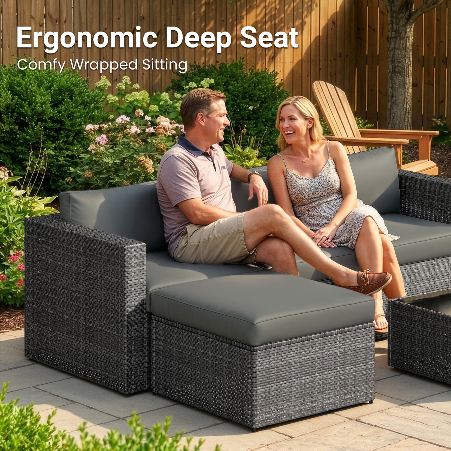 Royalcraft Outdoor Patio Set,5 Pcs PE Wicker Rattan Outdoor Furniture Set, Tempered Glass Coffee Table, Grey