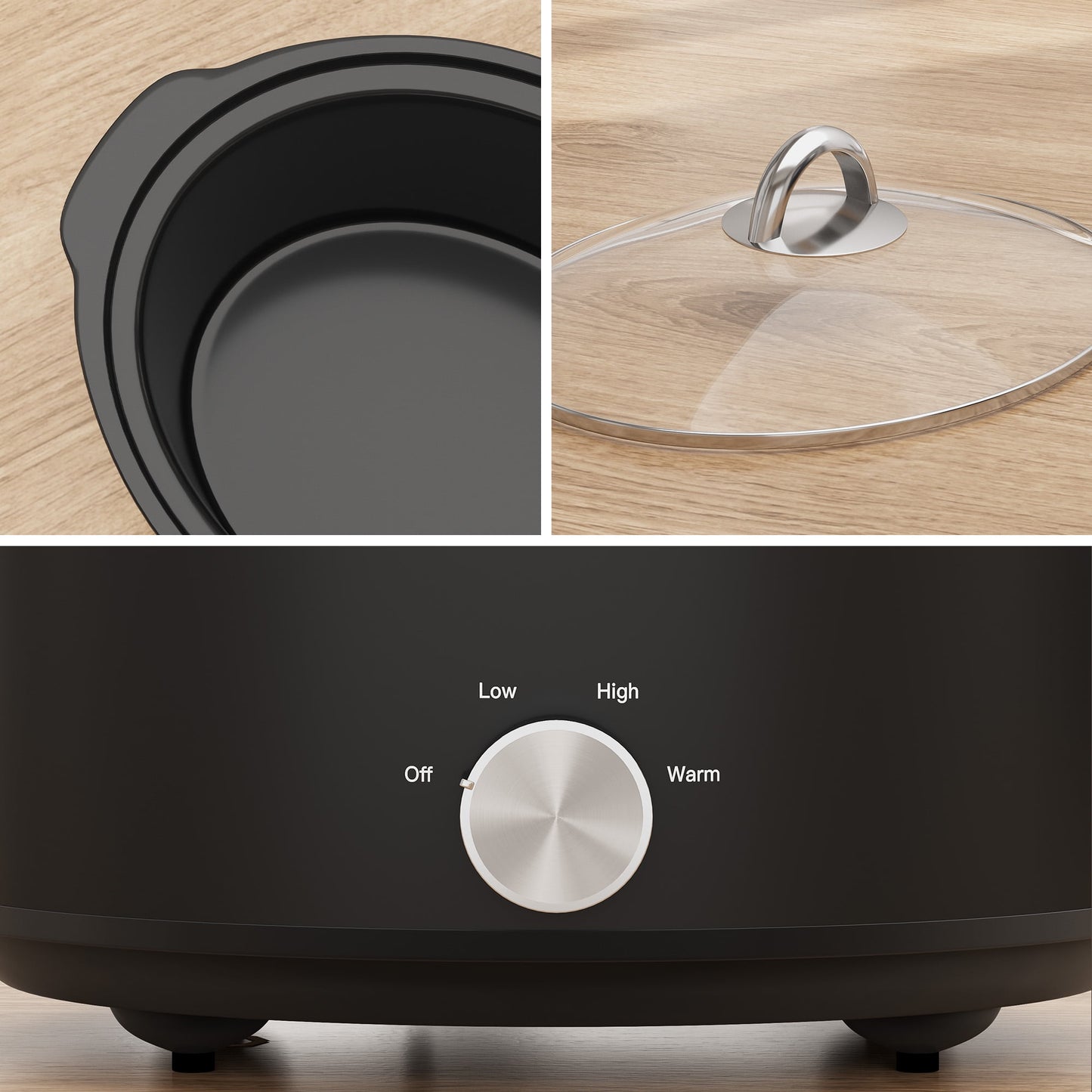 4QT Compact Slow Cooker & Food Warmer with 3 Temperature Settings, Removable Ceramic Pot, Dishwasher-Safe Glass Lid, Stainless Steel - Available in Black, Silver, and Blue