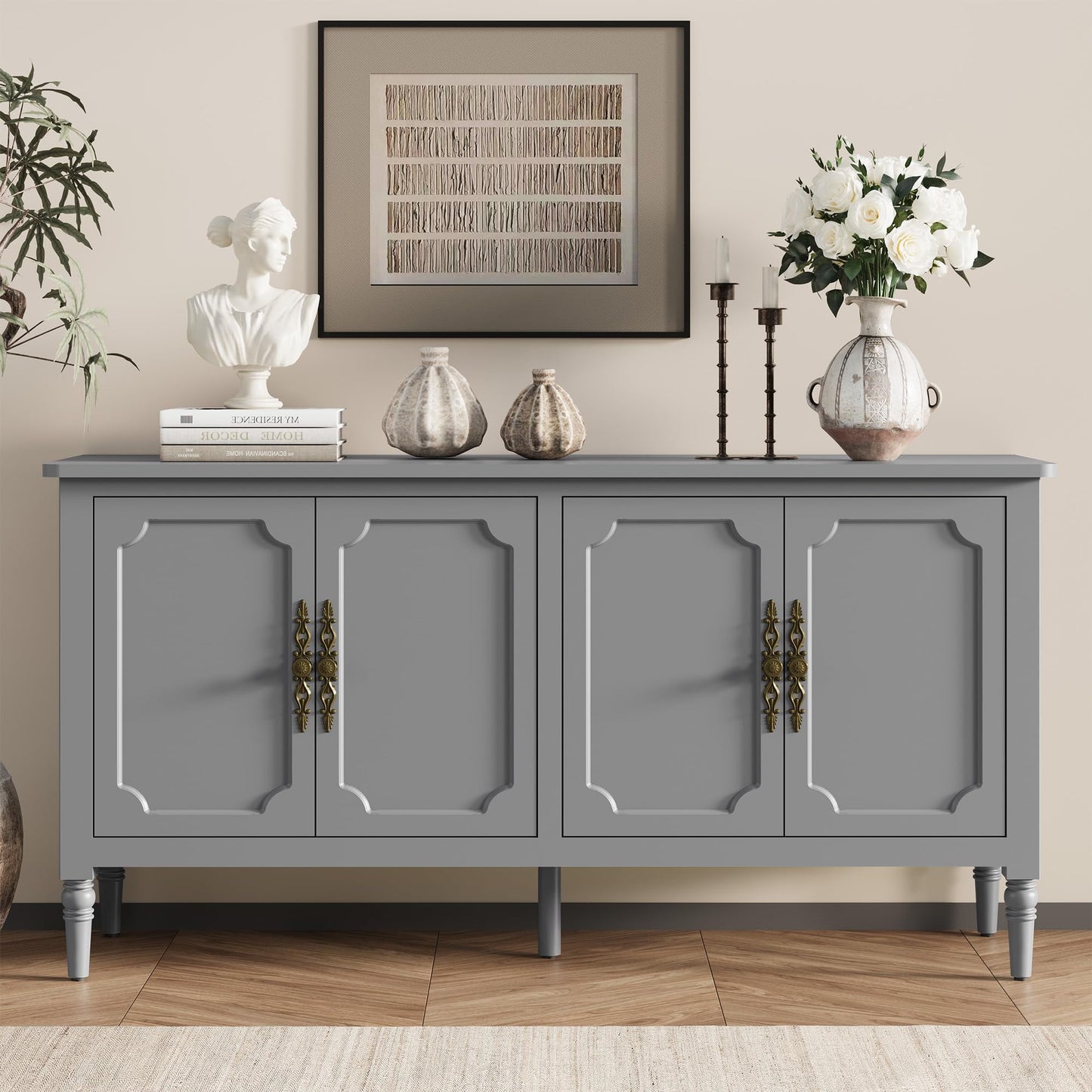 May in Color Mid Century Modern Sideboard with 4 Doors and Adjustable Shelves, Console Table for Entryway, Dining Room, Living Room, Grey Oak
