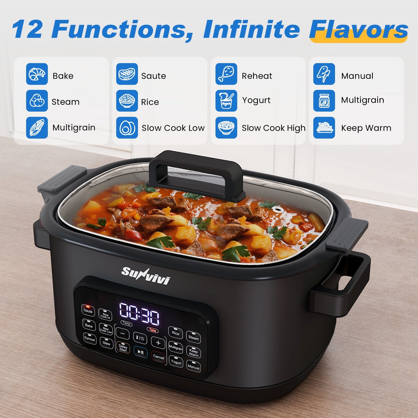 Heynemo 12-in-1 Digital Programmable Slow Cooker, 6.5 QT Large Multicooker, Multi-Cooker with Timer, Temp Control, Black