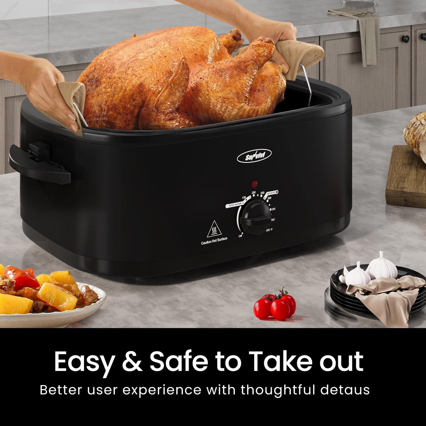 Sunvivi 26 Quart Electric Turkey Roaster Oven with Visible Glass Lid,Removable Pan & Rack, Stainless Steel, Black