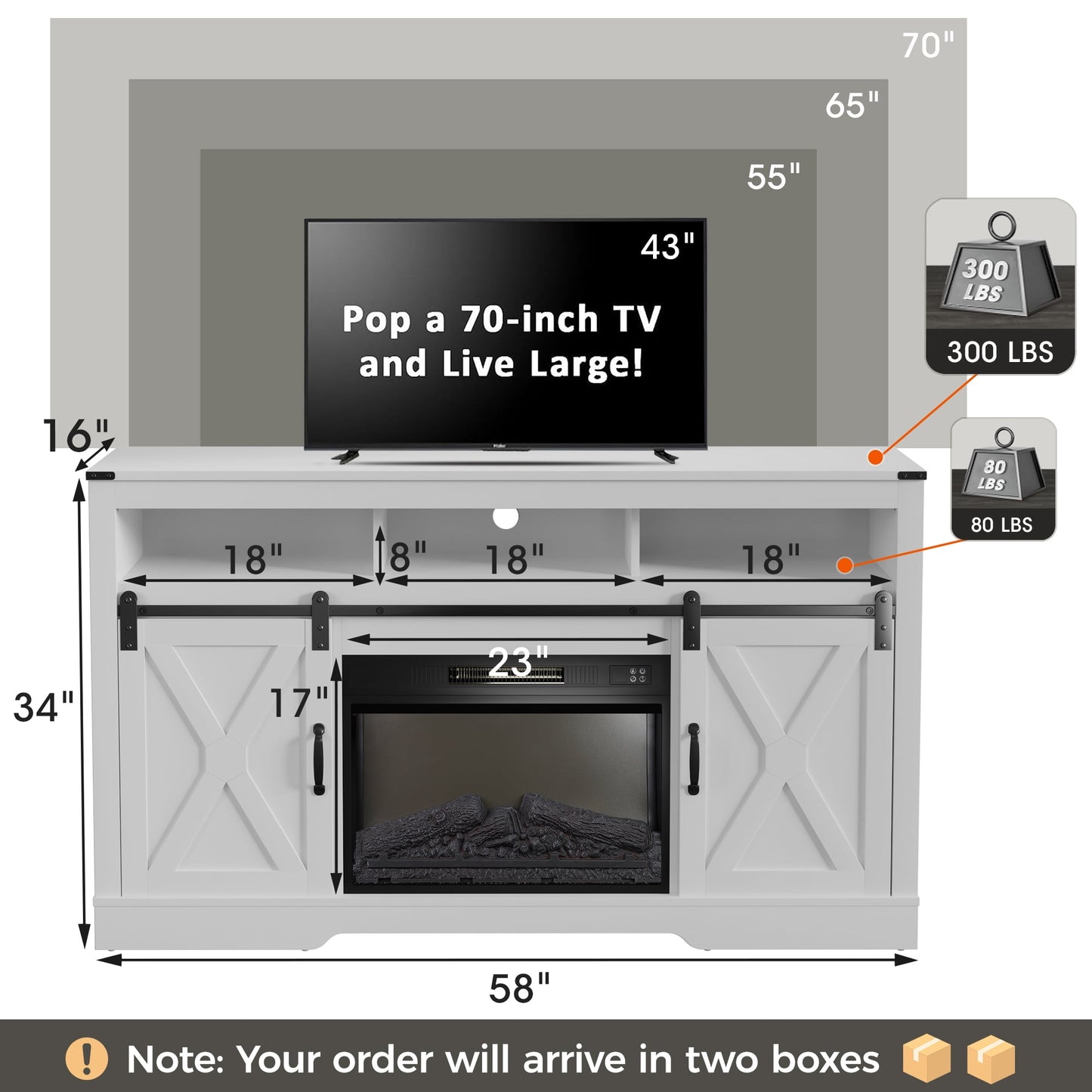 May in Color Wood Fireplace TV Stand with 23" Electric Fireplace, Rustic Entertainment Center, White