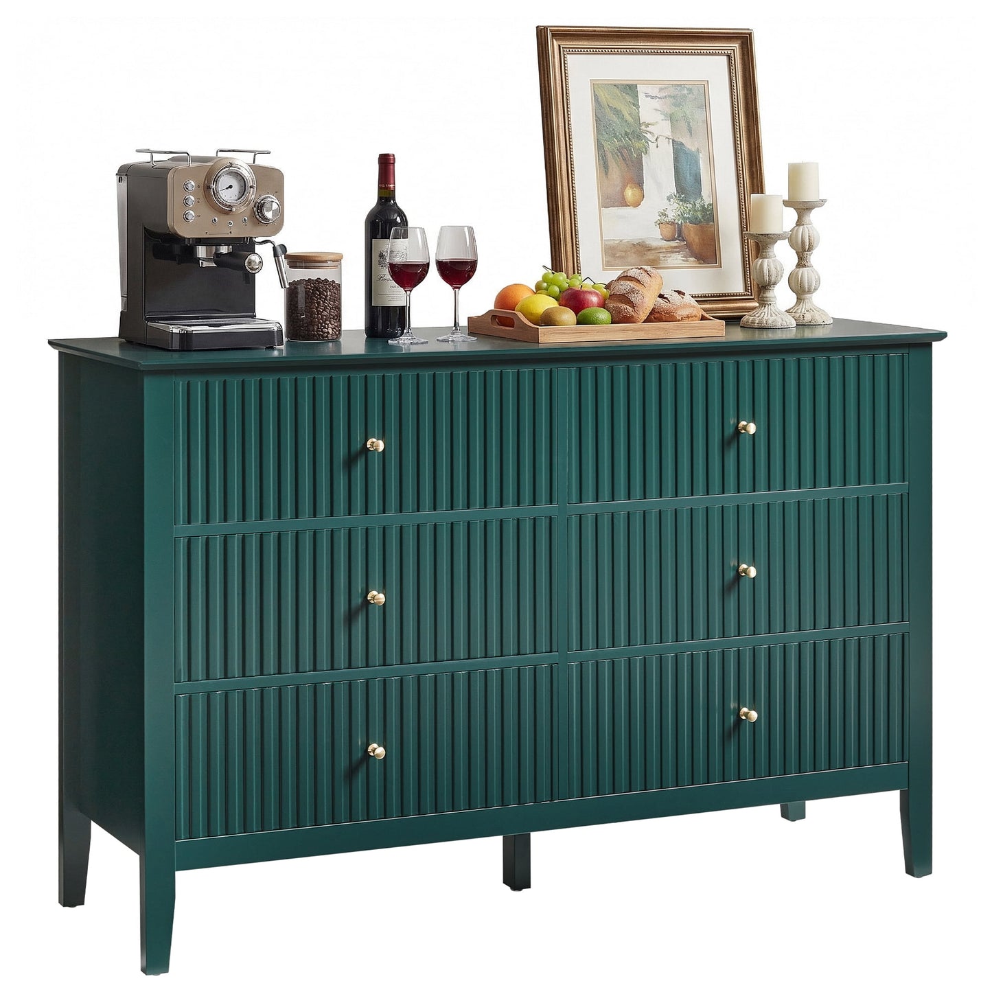 May in Color Fluted 6 Drawer Dresser, Wide Modern Chest of Drawers, Large Wood Storage Cabinet Organizer for Bedroom, Living Room, Hallway, Entryway, Green