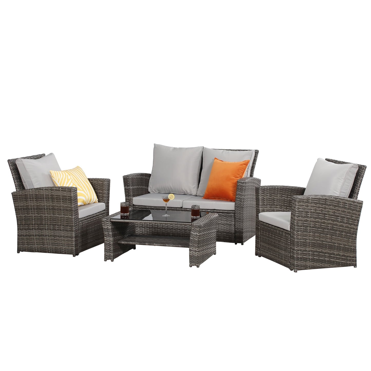 Superjoe 4 Piece Outdoor Patio Furniture Set Rattan Sectional Conversation Set, 4 Cushioned Seats, Gray, 4