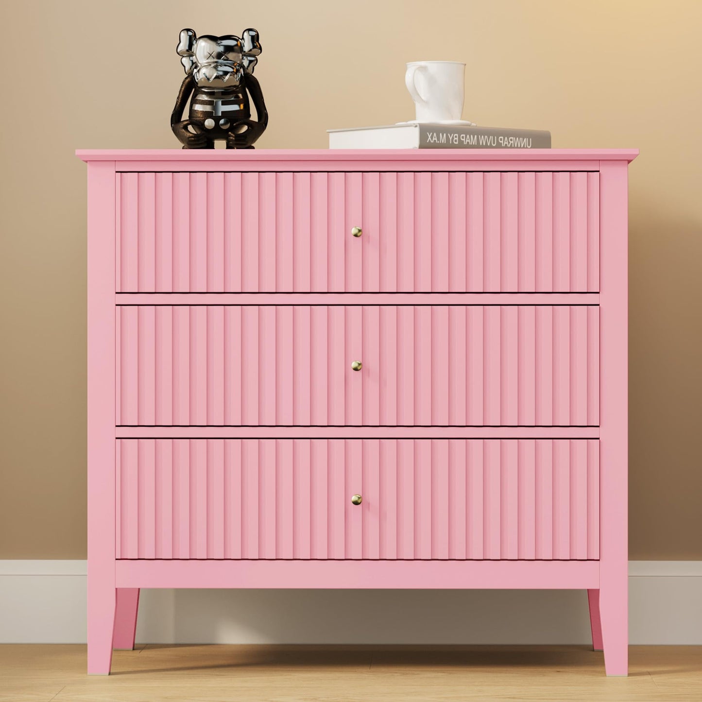 Heynemo Pink 30" Dressers Set of 2, Modern 3-Drawer Wood Nightstands with Ball Bearing Slides, Wide Storage Chests for Bedroom, Living Room, Entryway or Office
