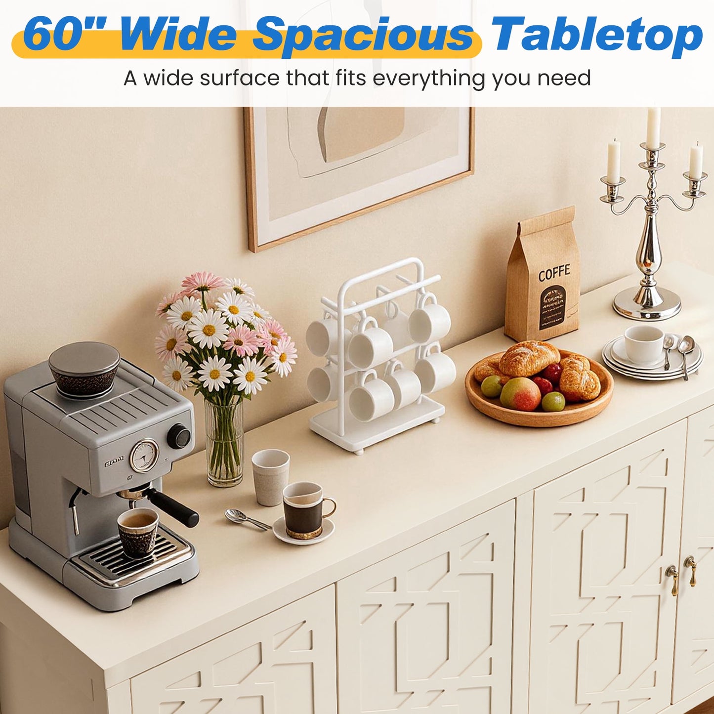 May in Color 60'' Modern Sideboard Cabinet with Adjustable Shelves and 4 Doors, Ideal for Entryway, Living Room, Dining Room, Bedroom, Beige