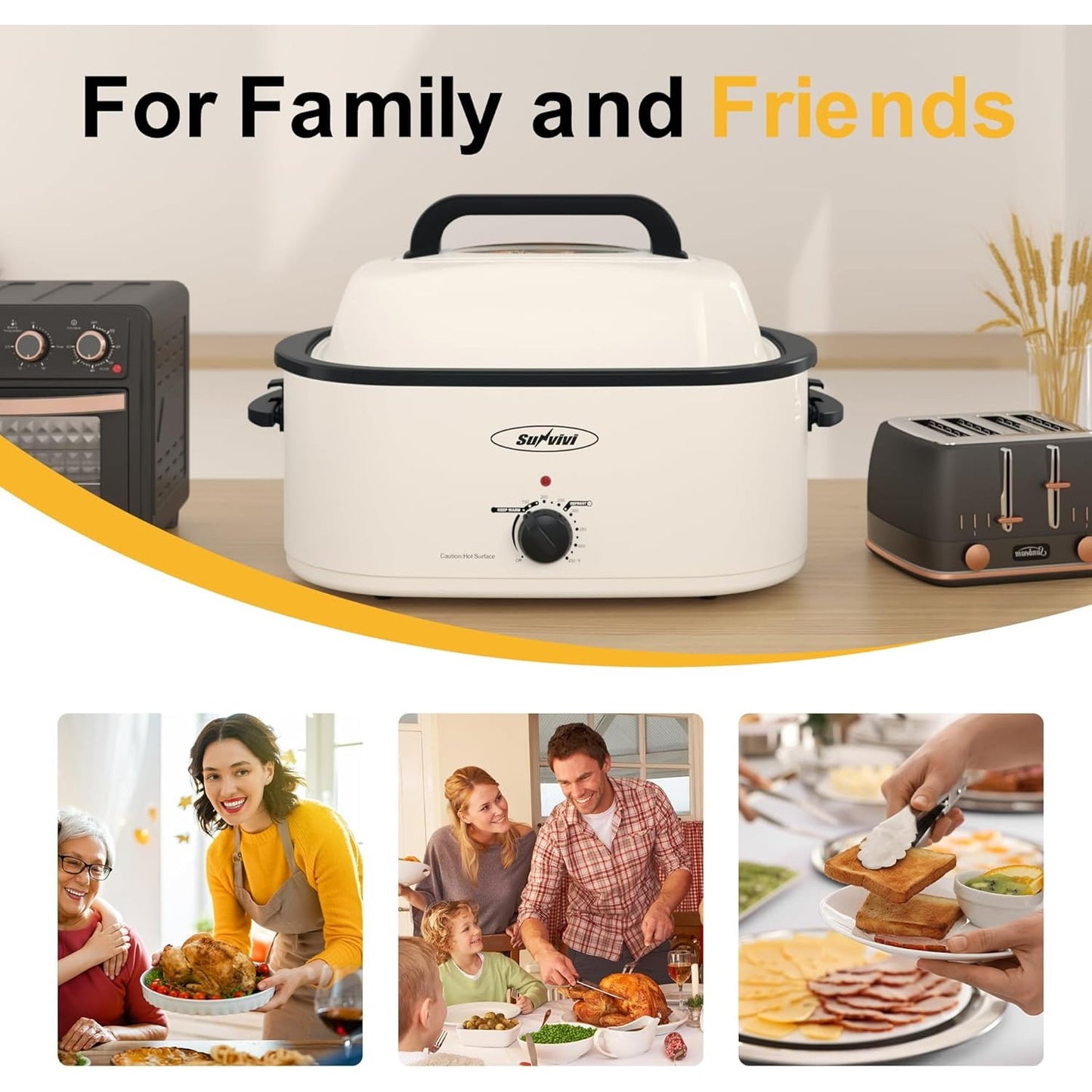 Superjoe 22 QT Electric Roaster Oven, with Self-Basting Lid, Stainless Steel Roaster Pan, White