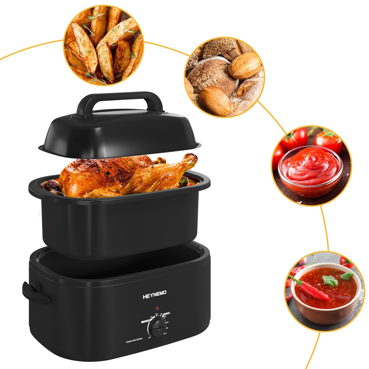 Heynemo 22 Quart Electric Roaster Oven with Visible & Self-Basting Lid, Large Turkey Roaster with Defrost Warm Function, Adjustable Temperature, Removable Pan Rack, Stainless Steel