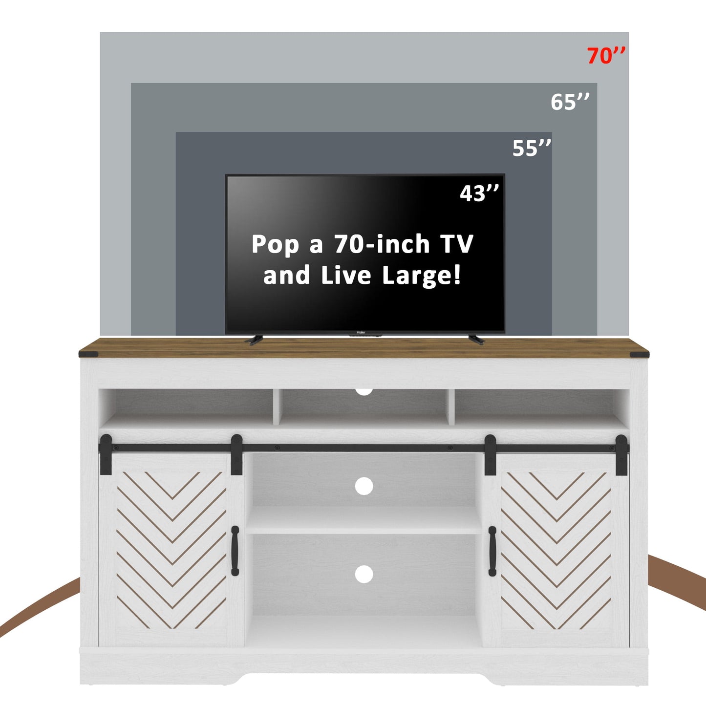 Heynemo TV Stand for TVs up to 70", 34" Tall Entertainment Center w/Sliding Doors, Modern Wood Media Console Storage Cabinet for Living Room Bedroom, Wood-Tone and White