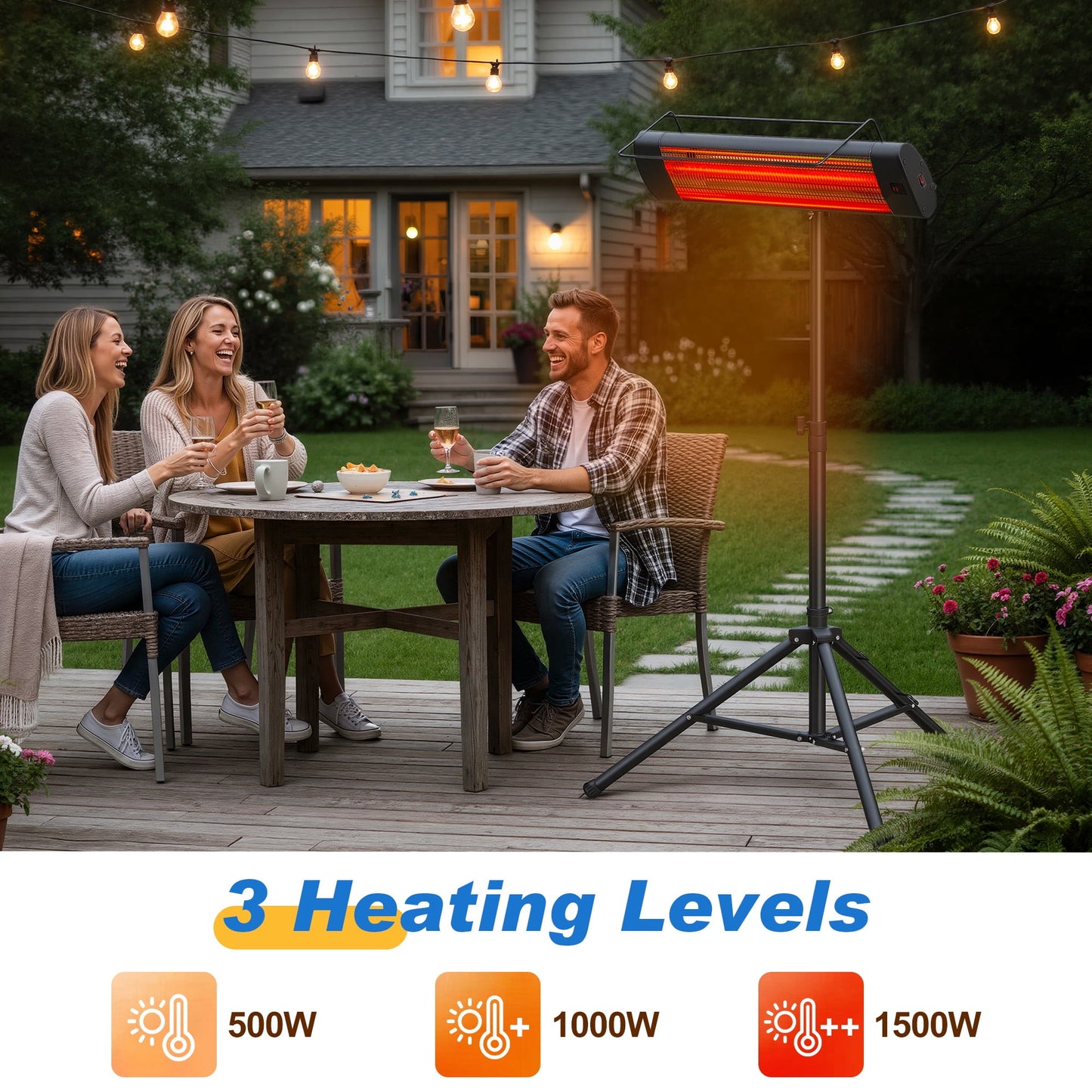 Heynemo Patio Heater for outdoor/Indoor Use, 1500W Electric Infrared Heater with 24H Timer, IP65 Waterproof, Tip-over Protection, Electric Outdoor Heater with Tripod for Garage, Backyard