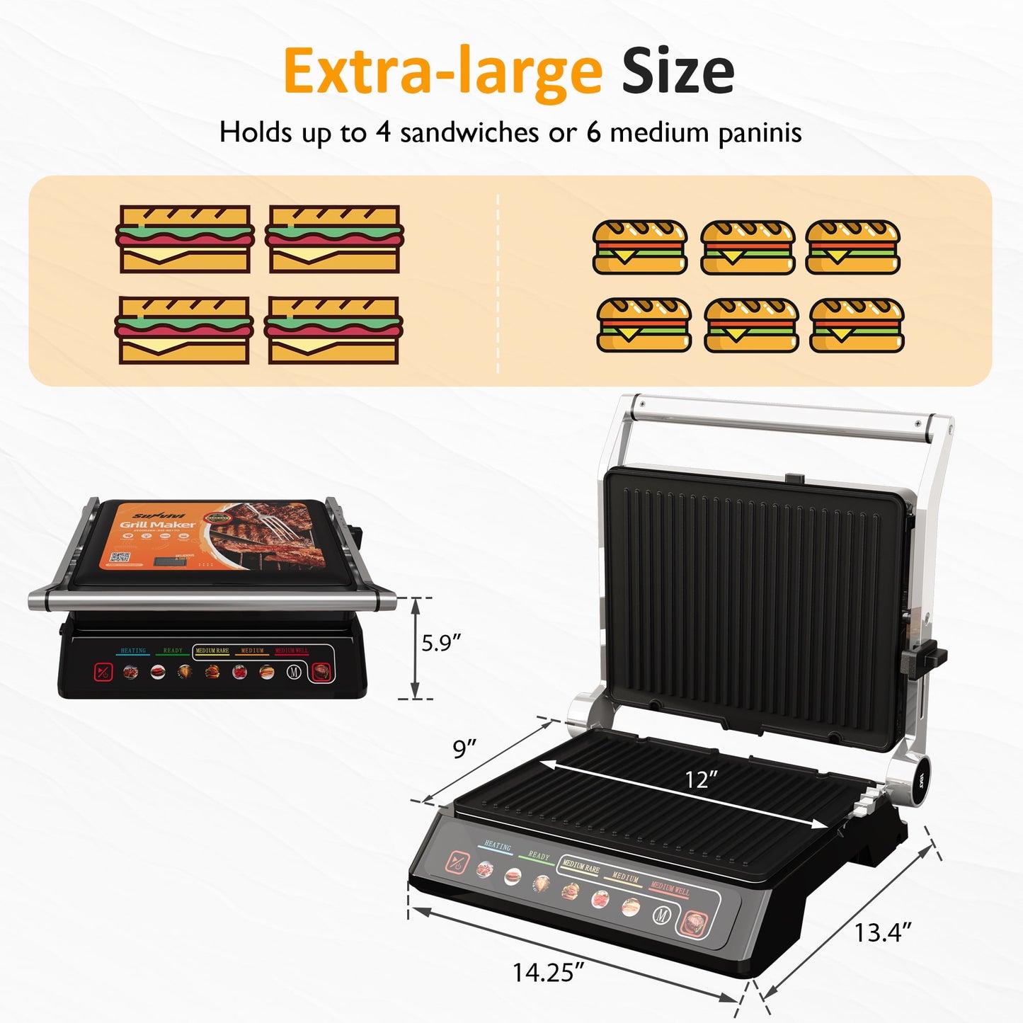 Heynemo Indoor Electric Grill 1600W, Double-Sided Panini Press & Griddle with Removable Nonstick Plates, Preset Menu, Easy Clean