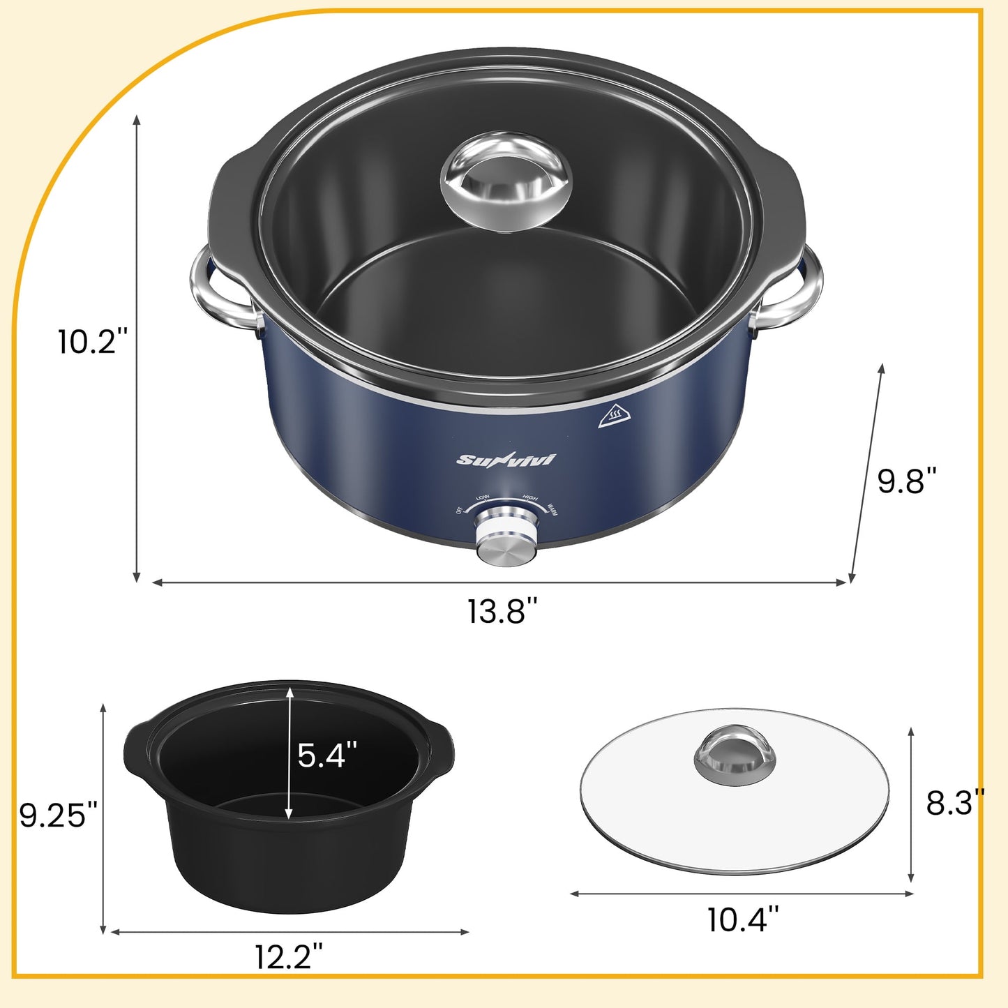 Heynemo 4 Quart Slow Cooker, Mini Food Warmer with Removable Ceramic Pot, 3 Heat Settings, Dishwasher Safe Lid, Stainless Steel, Blue-2
