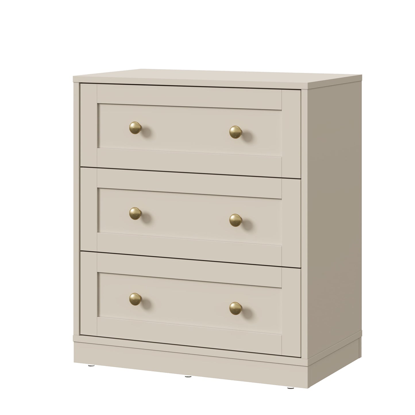 May in Color 3 Drawer Nightstand with Gold Knobs, Wood End Table, Beige