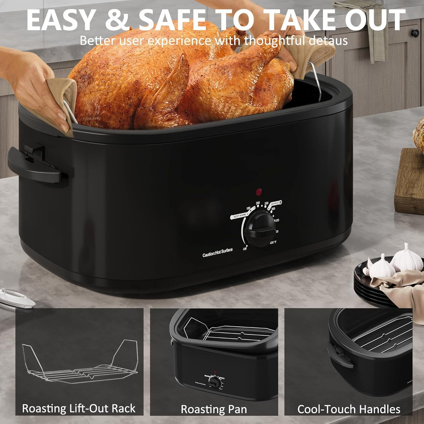 Superjoe Roaster Oven 28 Quart, Electric Roaster Oven with Visible & Self-Basting Lid, Turkey Roaster Oven with Removable Pan & Rack, Variable Temperature Control, Stainless Steel, Black