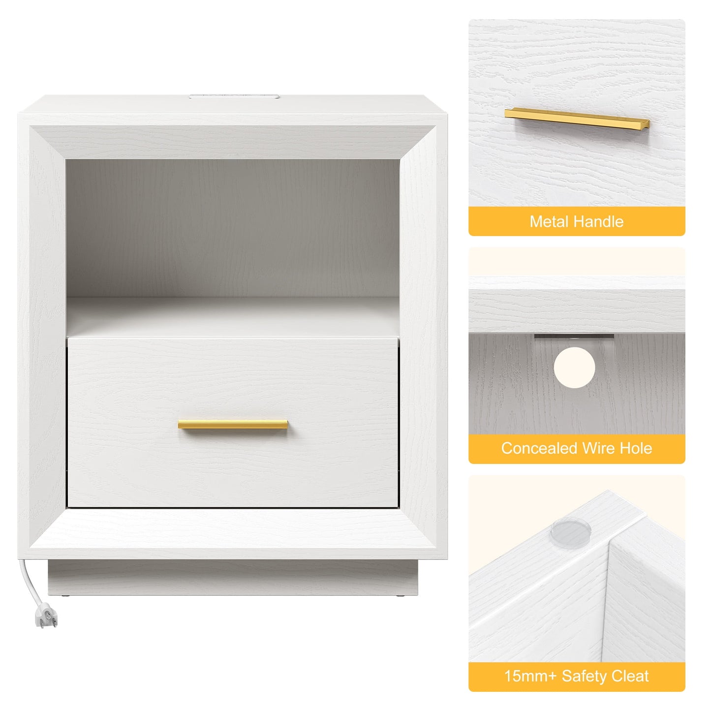 May in Color Charging Nightstand Set: Modern Bedside Tables with Large Drawer, 2 USB-C Outlets, Storage Cabinet for Bedroom, Dorm, Set of 2, White