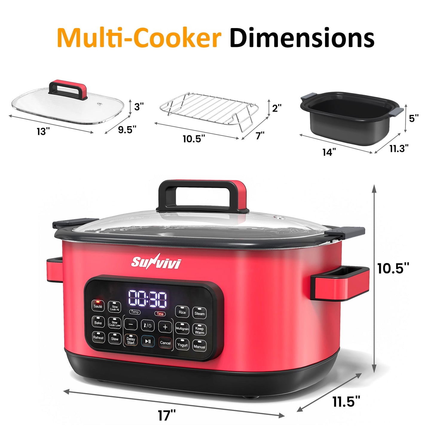 Heynemo 6.5QT Digital Multi Cooker, 12-in-1 Slow Cooker & Roaster with Timer, Temp Control, Delay Start, Nonstick Pot, Red