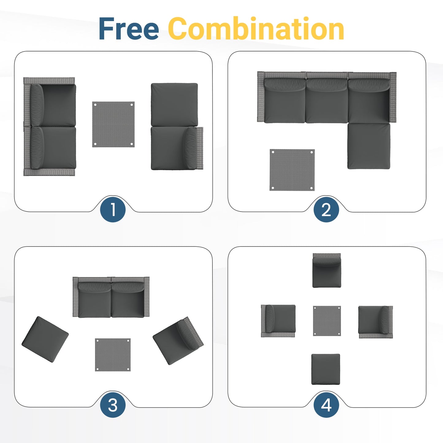 Heynemo 5-Piece Patio Furniture Set with Ottoman and Coffee Table, Outdoor Rattan Furniture Set with Gray Cushions