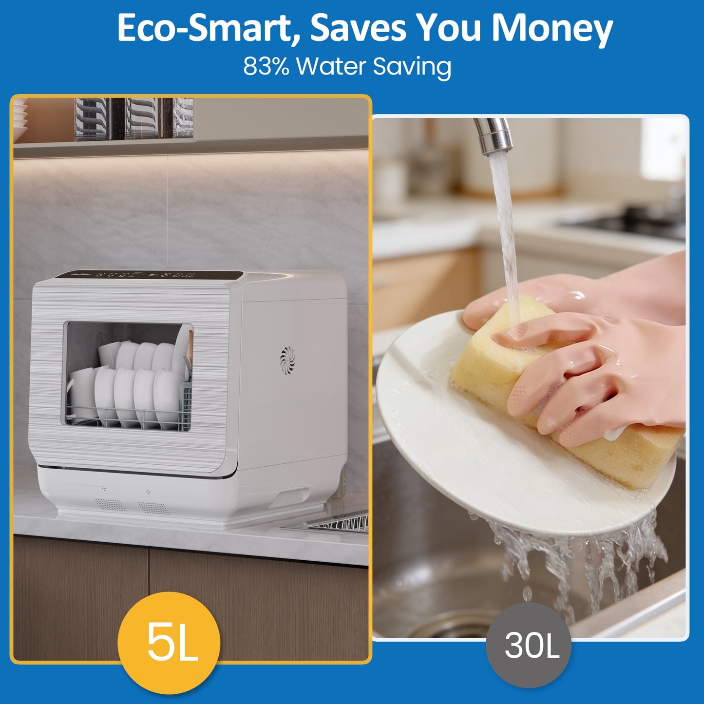 Sunvivi Portable Countertop Dishwasher 18", 152oz Built-in Water Tank, 6 Wash Programs, Energy Star, Delay Start for Apartments & RV