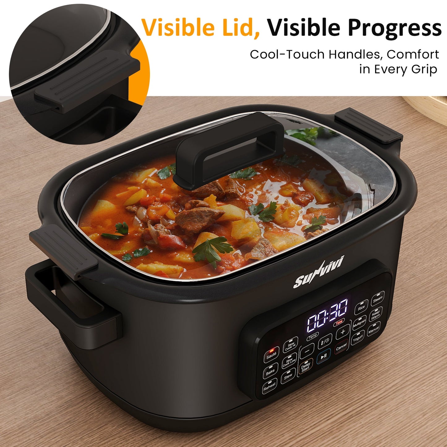 Heynemo 6.5QT Digital Multi Cooker, 12-in-1 Slow Cooker & Roaster with Timer, Temp Control, Delay Start, Nonstick Pot, Black