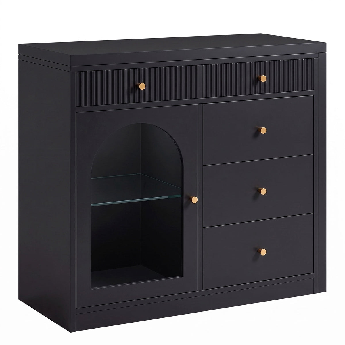May in Color Black Extendable Vanity with LED Lights, Rotatable L?Shaped Makeup Vanity Desk, 5 Drawers & Arched Glass Cabinet, Multi?Purpose Desk for Working, Studying, Drawing, Sewing, Nail Care
