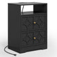 Heynemo Modern Accent Side Table with 2 Drawers, Gold Knobs, and Diamond Carvings, Large Night Stand for Living Room, Bedroom, Entryway, Black