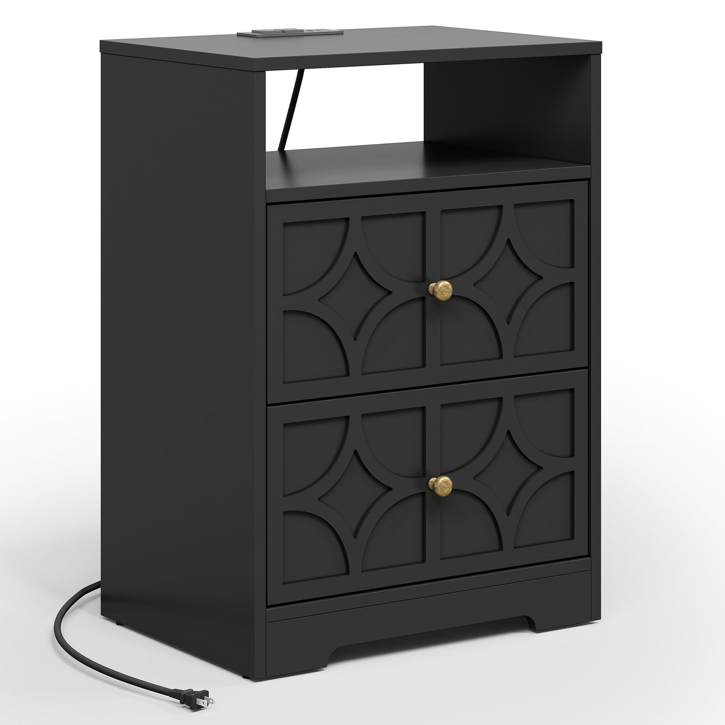 Heynemo Modern Accent Side Table with 2 Drawers, Gold Knobs, and Diamond Carvings, Large Night Stand for Living Room, Bedroom, Entryway, Black
