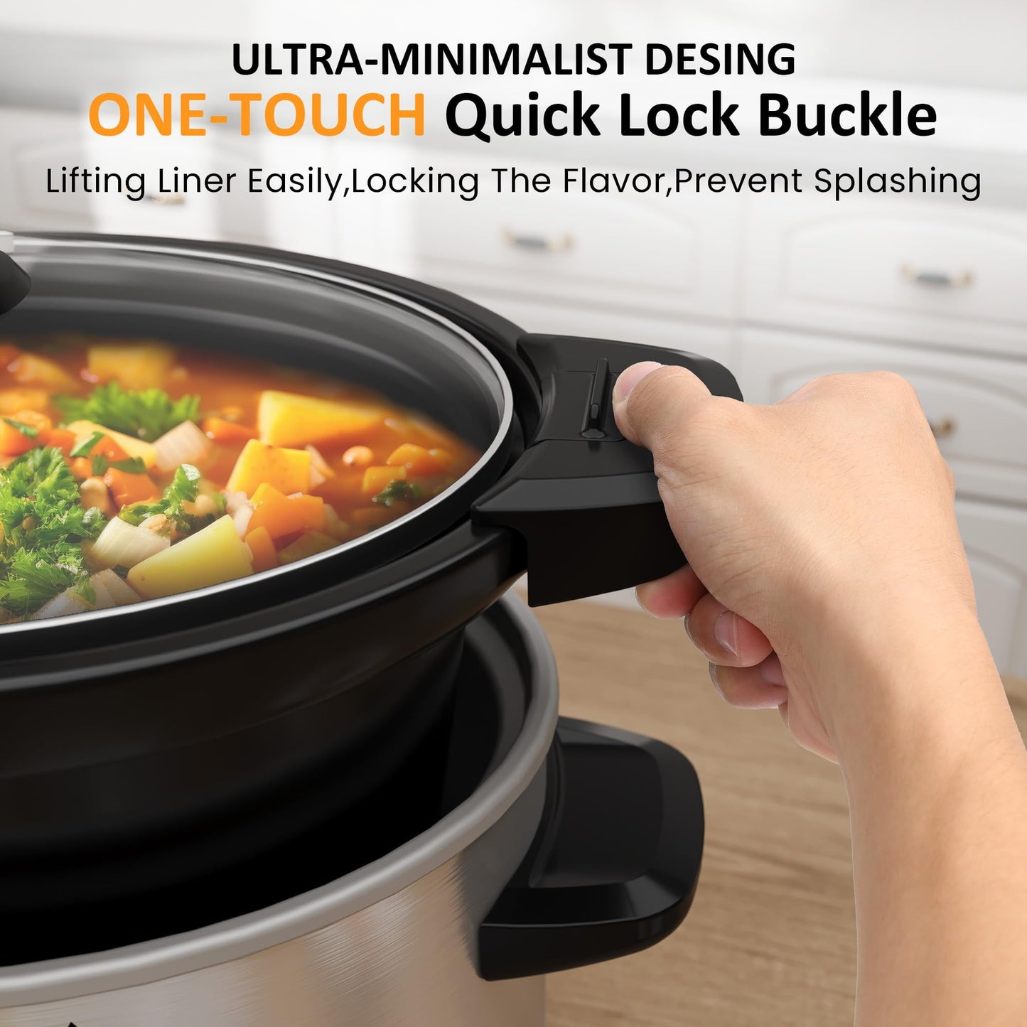 Heynemo 4qt Slow Cooker, Programmable Slow Cooker with Locking Lid, Removable Ceramic Pot, 3 Heating Settings & Time Control, Mini Food Warmer with Dishwasher-safe Lid & Pot, Silver