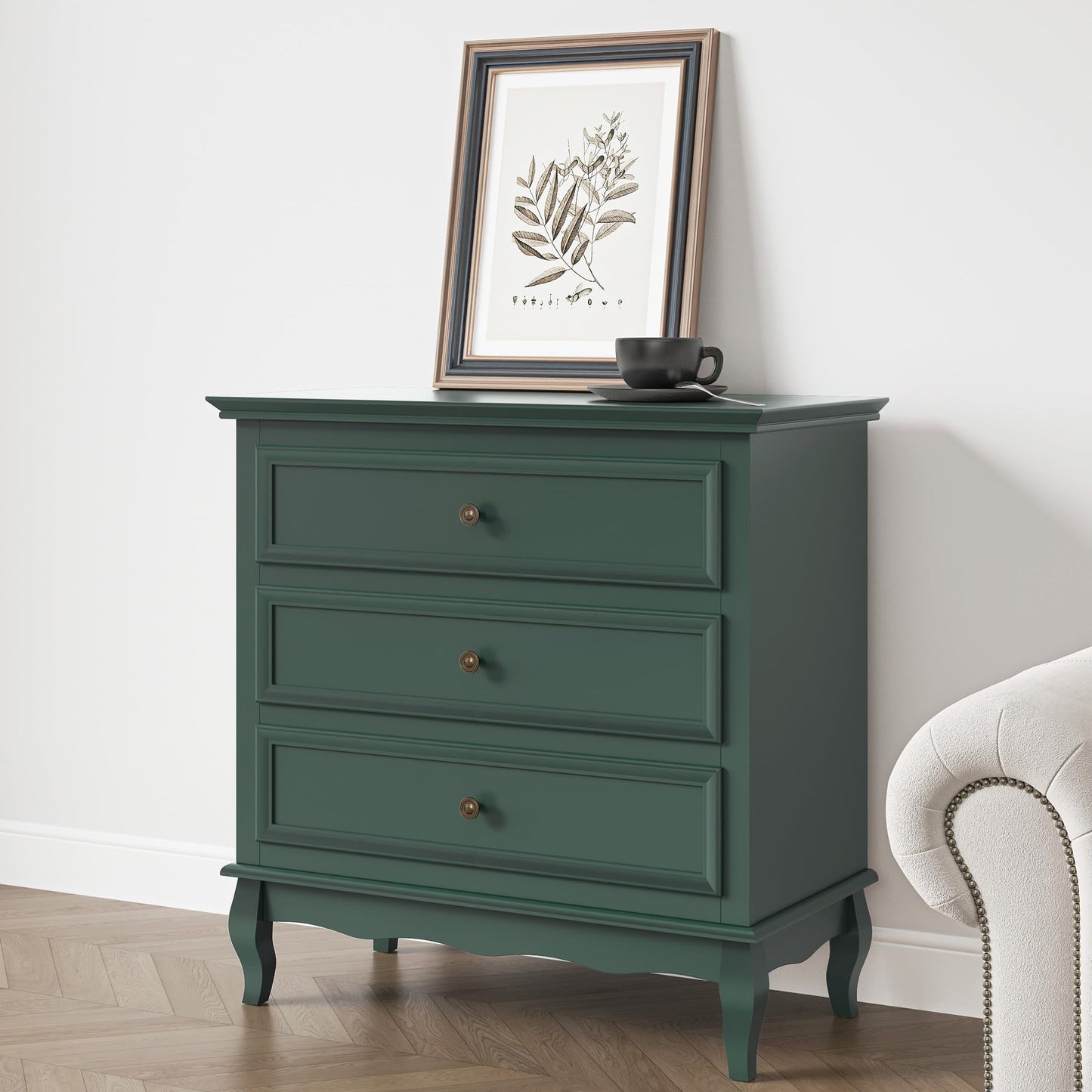 Mayincolor Green 32" Wide 3 Drawer Dresser Set of 2, Modern Wood Chest of Drawers, Silent Slide Drawers Storage Organizer Cabinet for Bedroom, Living Room, Hallway
