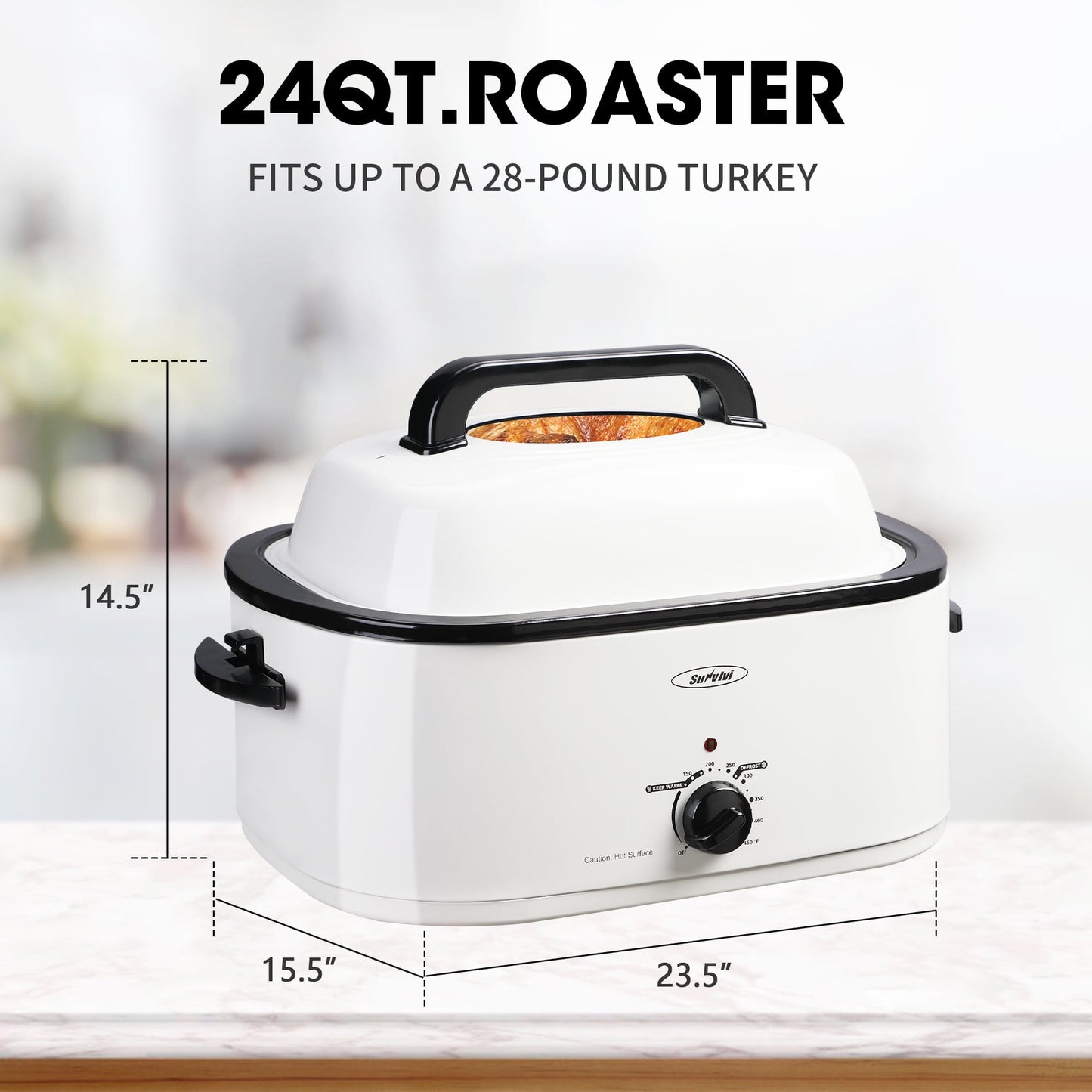 RoyalCraft 24 Quart Electric Roaster Oven with Visible & Self-Basting Lid, Stainless Steel, White