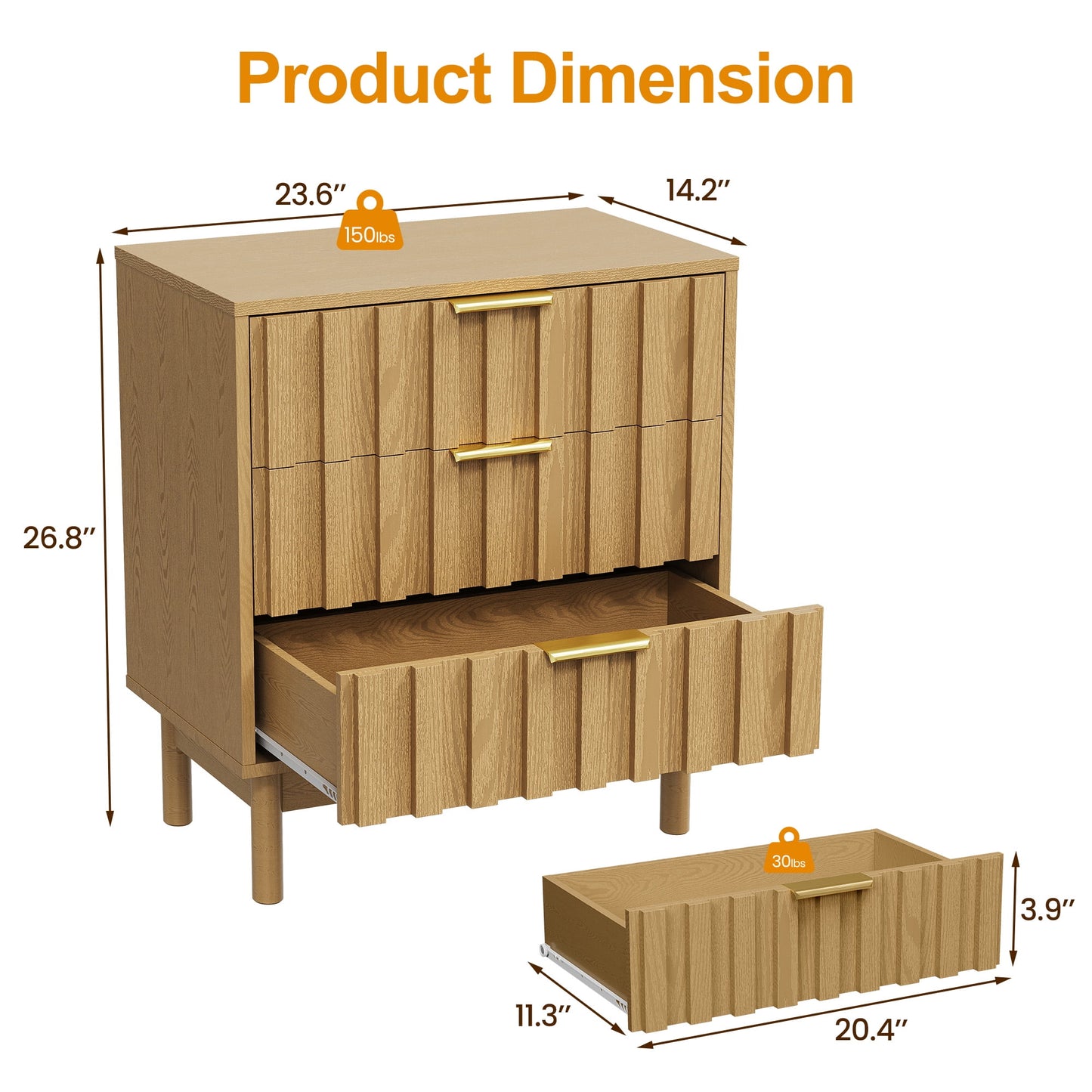 Heynemo Fluted 3 Drawer Dresser Set of 2, Wood Closet Organizer for Bedroom, Living Room, Entryway, Natural Wood Tone