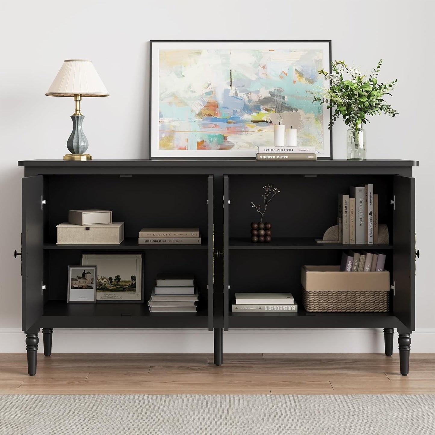 RoyalCraft Console Cabinet, 58'' Mid Century Modern Pantry Cabinet, Wood Buffet Cabinet, Media Cabinet with 4 Doors, Accent Cabinet for Entryway, Living Room, Bedroom, Dining Room