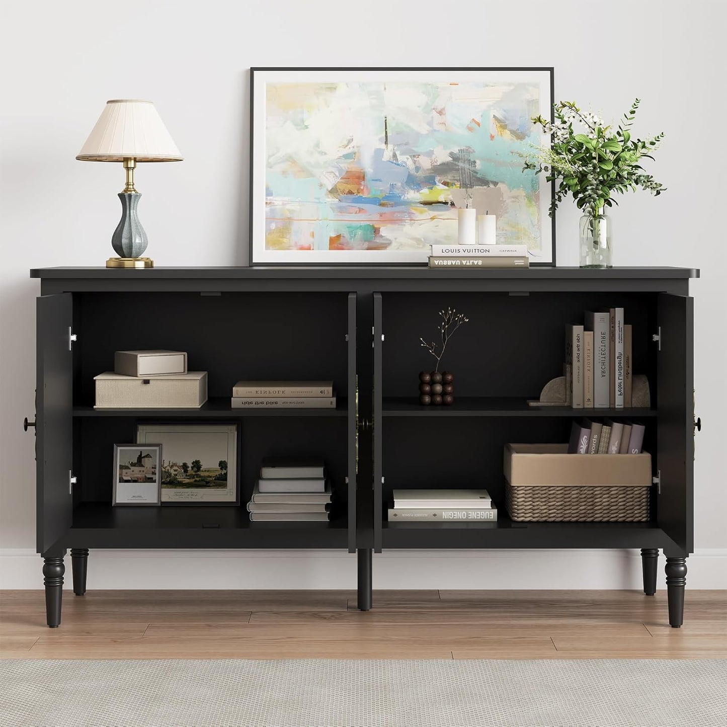 May in Color Sideboard Buffet Cabinet, 58'' Wood Console Cabinet with Storage & 4 Doors, Mid Century Entryway Table, for Living Room, Dining Room, Black