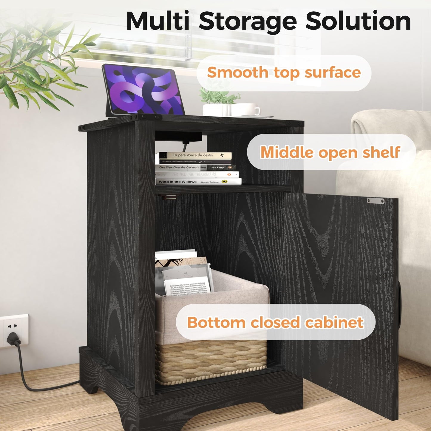 Mayincolor Farmhouse Nightstand Set of 2 with Charging Station, Wooden End Table, Rustic Night Stand with Storage Cabinet and Shelf, Tall Bedside Table for Bedroom, Living Room, Black