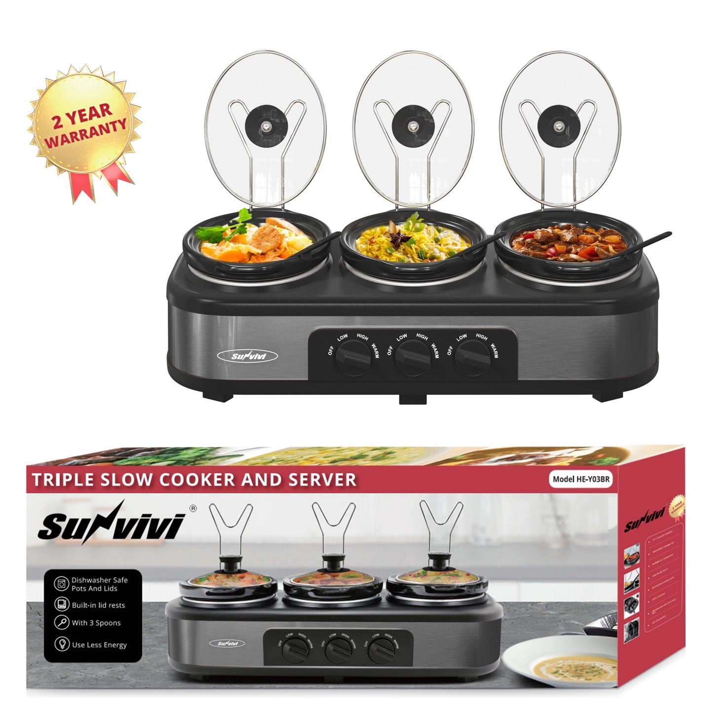 Triple Slow Cooker with 3 Spoons, 3 Pot 1.5 Quart Oval Crock Food Warmer Buffet Server, Stainless Steel