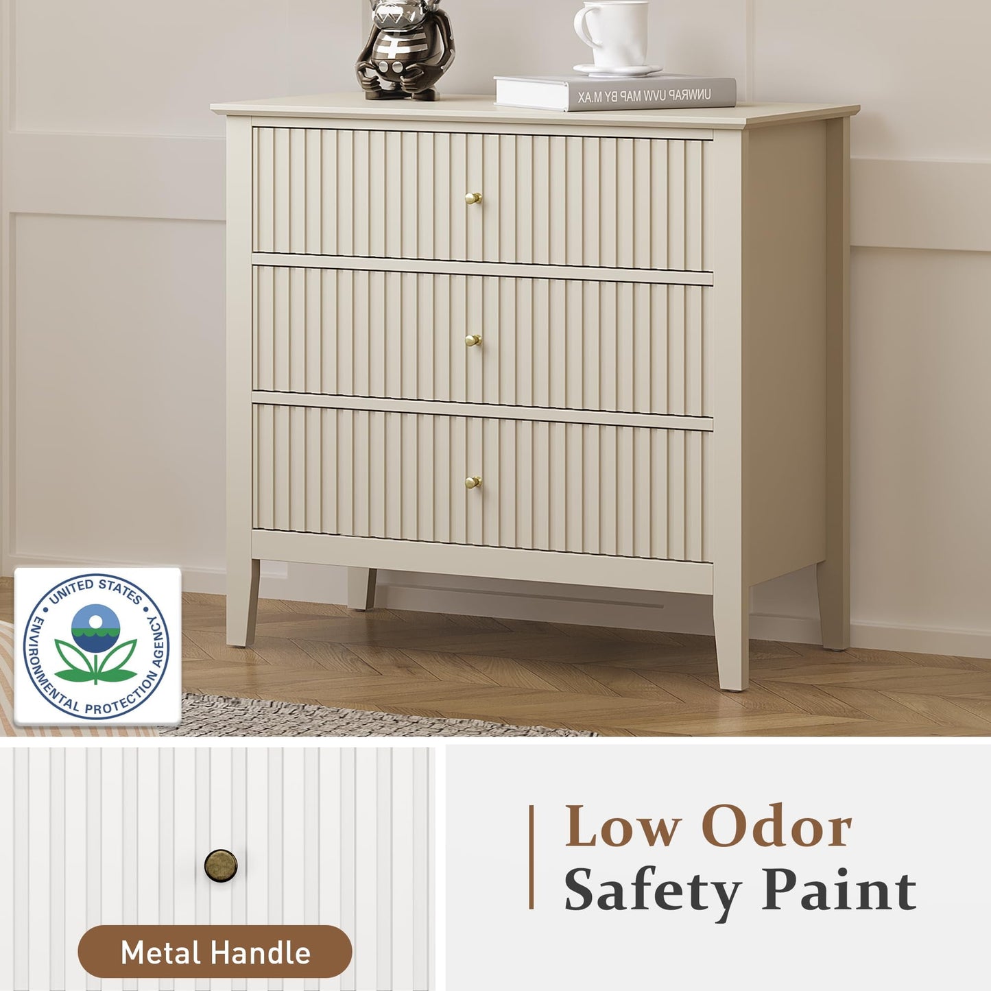 May in Color Large Fluted 3 Drawer Dresser, Wide Modern Nightstand Cabinet for Bedroom, Living Room, Entryway, Beige