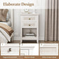 Royalcraft Farmhouse Nightstand, Boho Bedside Table with 2 Rattan Decor Drawers, Accent End Table with Open Storage Shelf, Wood Bedside Unit for Bedroom, Living Room, Home Office, Grayish White