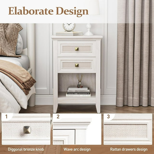 Royalcraft Farmhouse Nightstand, Boho Bedside Table with 2 Rattan Decor Drawers, Accent End Table with Open Storage Shelf, Wood Bedside Unit for Bedroom, Living Room, Home Office, Grayish White