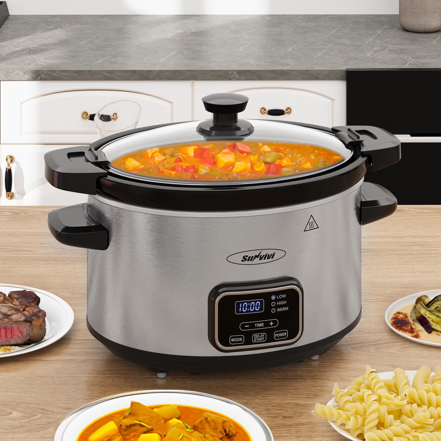 Heynemo 4QT Programmable Slow Cooker with Locking Lid, Removable Ceramic Pot, 3 Heating Settings & Timer, Dishwasher-Safe, Stainless Steel