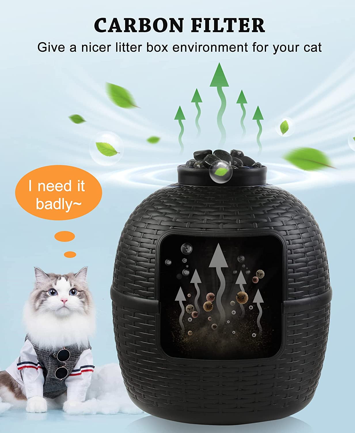 Superjoe Plant Hidden Cat Litter Box Plastic Rattan DIY Home Decor, Black