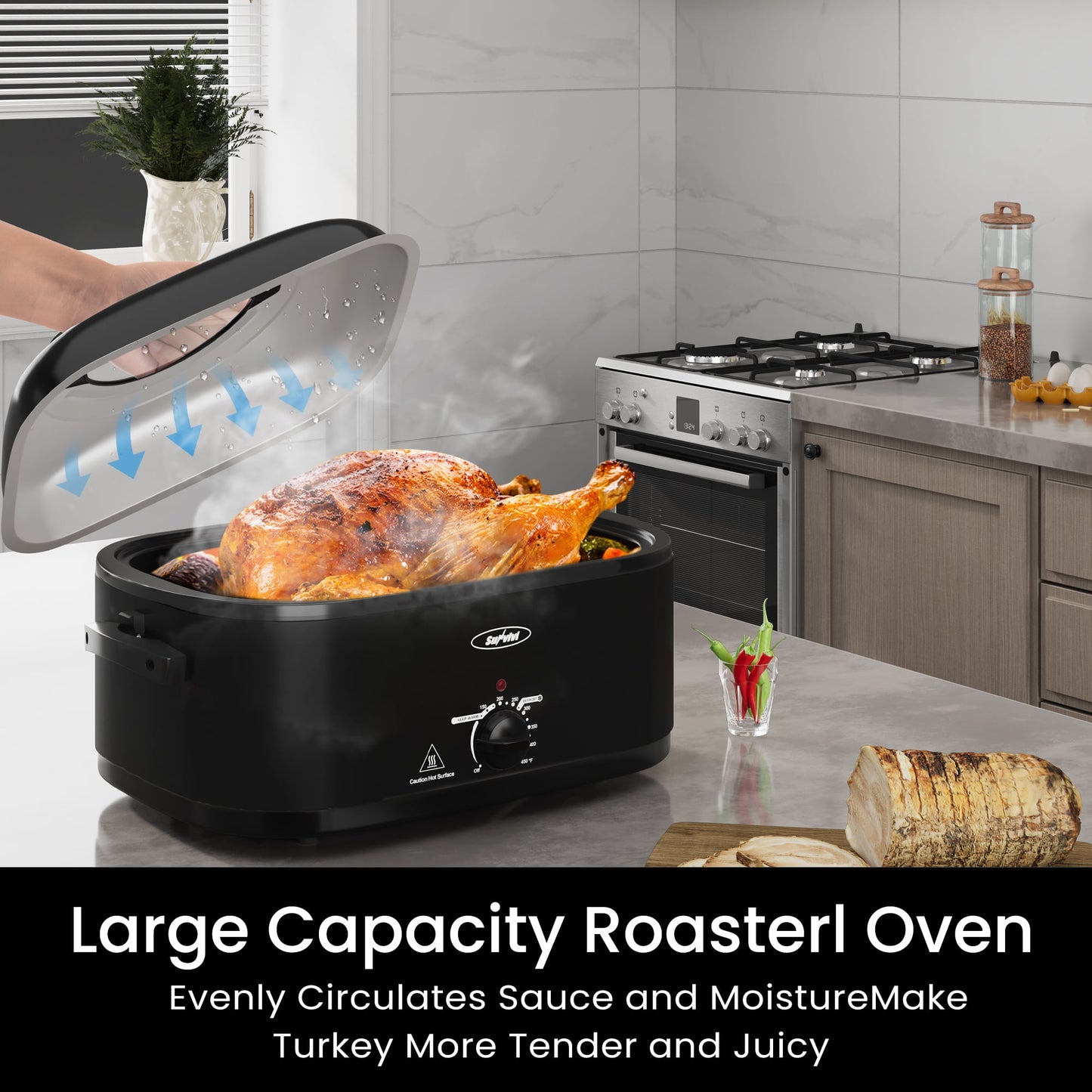 Sunvivi 24Qt Electric Rotisserie Roaster Oven - Large Capacity for Turkey/Chicken | Even Heating for Family Dinners, Holidays