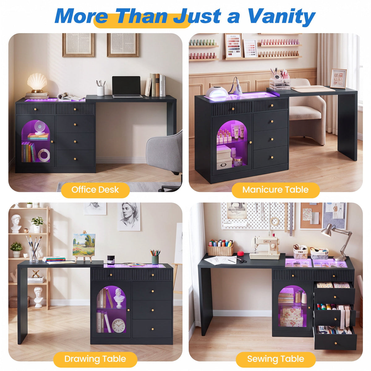 May in Color Black Extendable Vanity with LED Lights, Rotatable L?Shaped Makeup Vanity Desk, 5 Drawers & Arched Glass Cabinet, Multi?Purpose Desk for Working, Studying, Drawing, Sewing, Nail Care