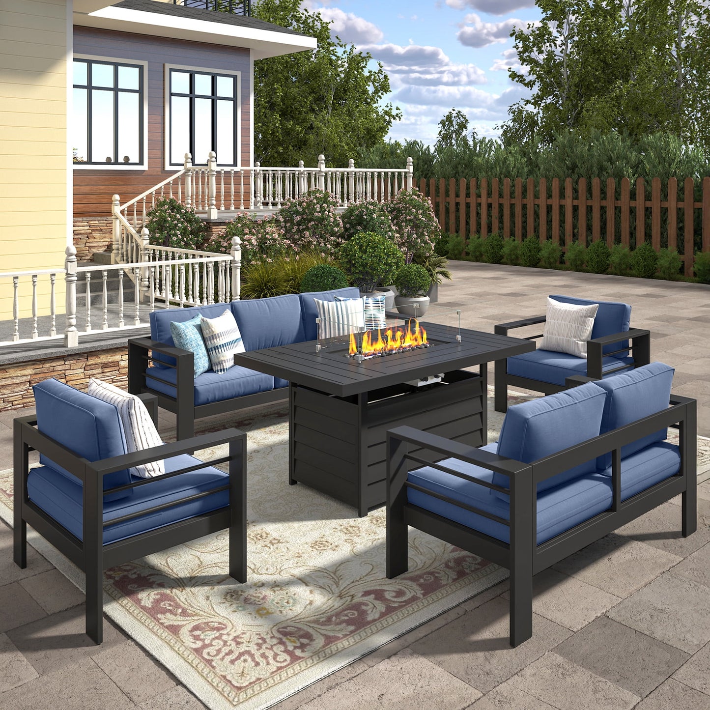 Heynemo Metal Patio Furniture Chairs Set of 2, Aluminum Outdoor Armchairs with Cushions, Blue