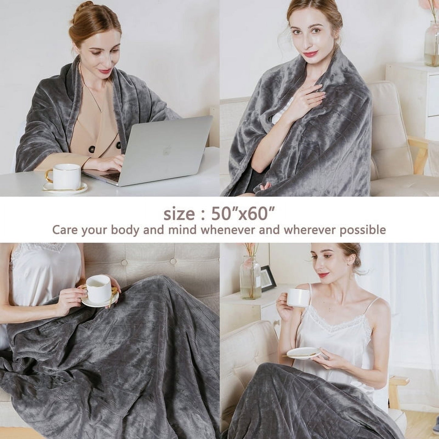 Mayincolor 50" x 60" Electric Blankets Heated Throw Soft Flannel Heating Blanket with 4 Hours Auto Off, ETL Certified, Grey