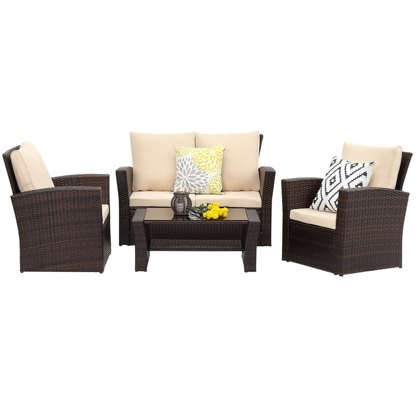 Cozyhom 4 Piece Rattan Outdoor Patio Sofa Furniture Sets, Wicker Conversation Couch Sets Rattan Sofa Chair With Cushion For Backyard Lawn Garden, Brown