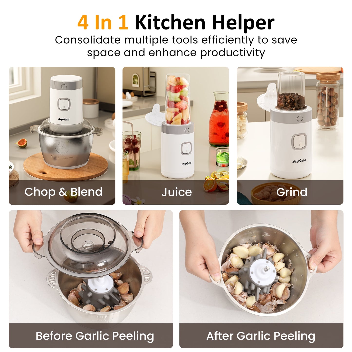 Sunvivi 350W Food Processor and Chopper Combo, 4-in-1 Blender for Meat, Vegetables, Coffee Grinding, Juicing & Garlic Peeling