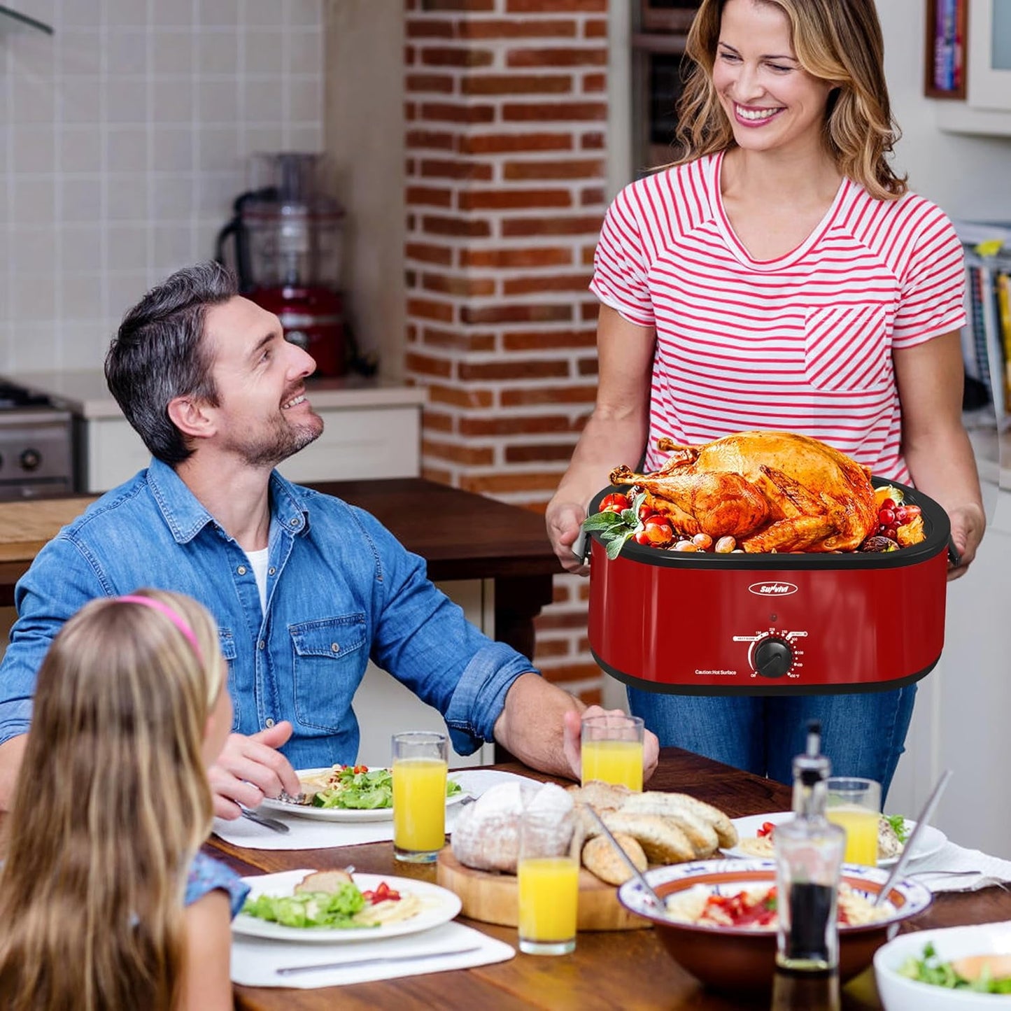 Superjoe 22 QT Electric Roaster Oven, with Self-Basting Lid, Stainless Steel Roaster Pan, Red