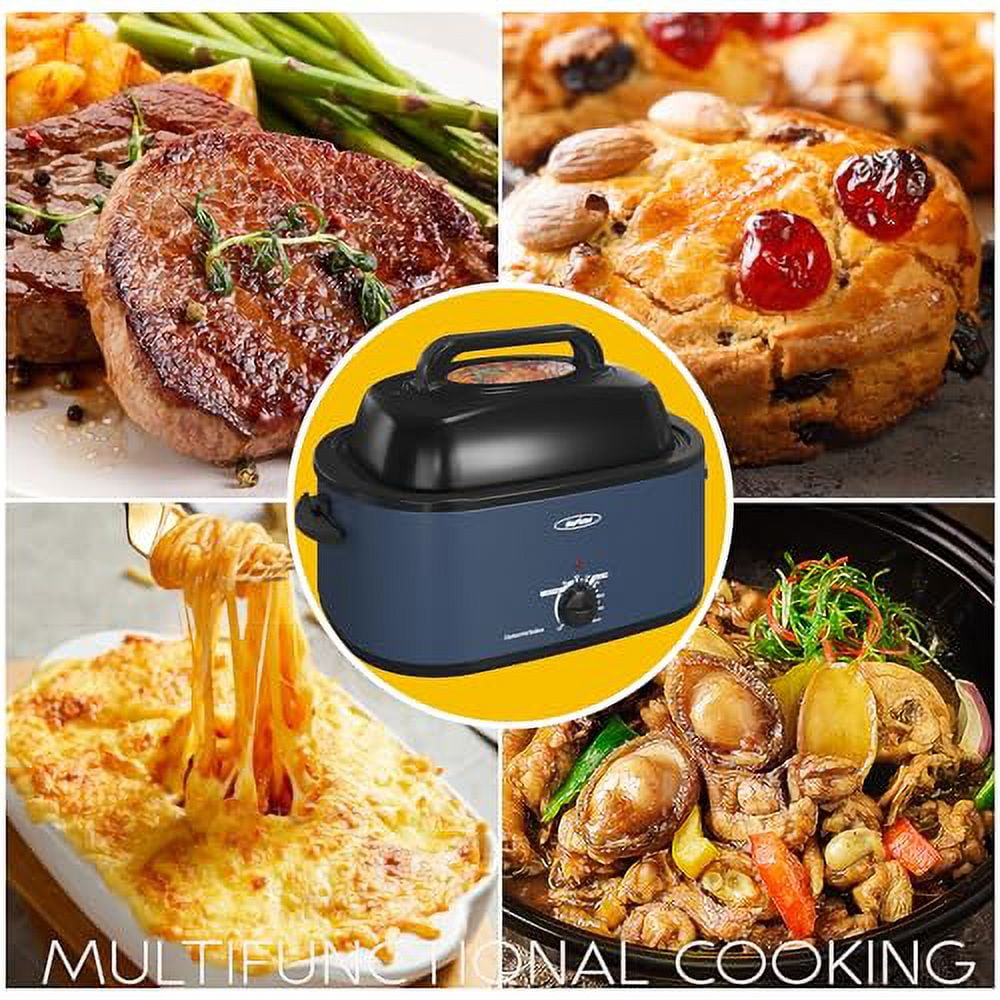 Sunvivi 26 Quart Electric Turkey Roaster Oven with Visible Glass Lid,Removable Pan & Rack, Stainless Steel,Blue