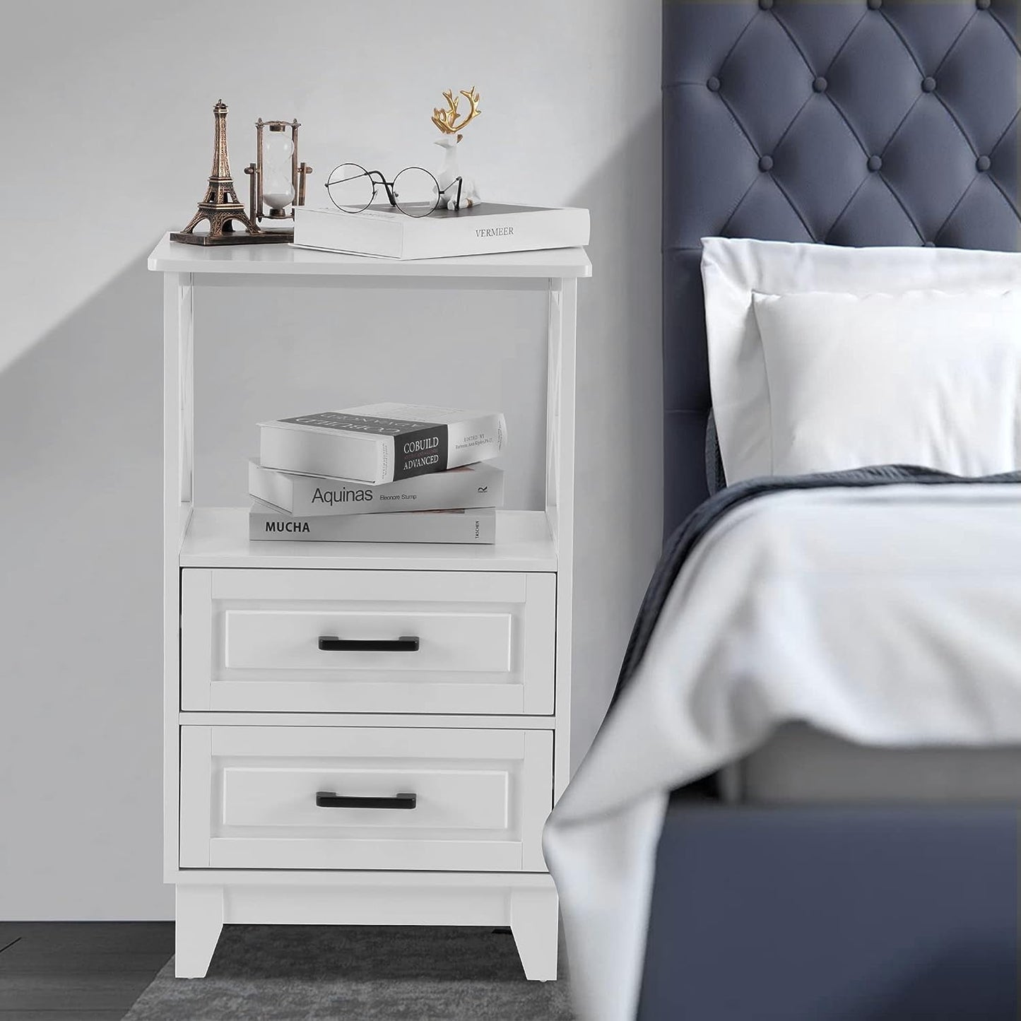 RoyalCraft White Nightstand Set of 2, Wood X-Design Tall Nightstand with 2 Drawers, Modern Side Tables with Storage, Bedside End Tables for Bedroom, Living Room